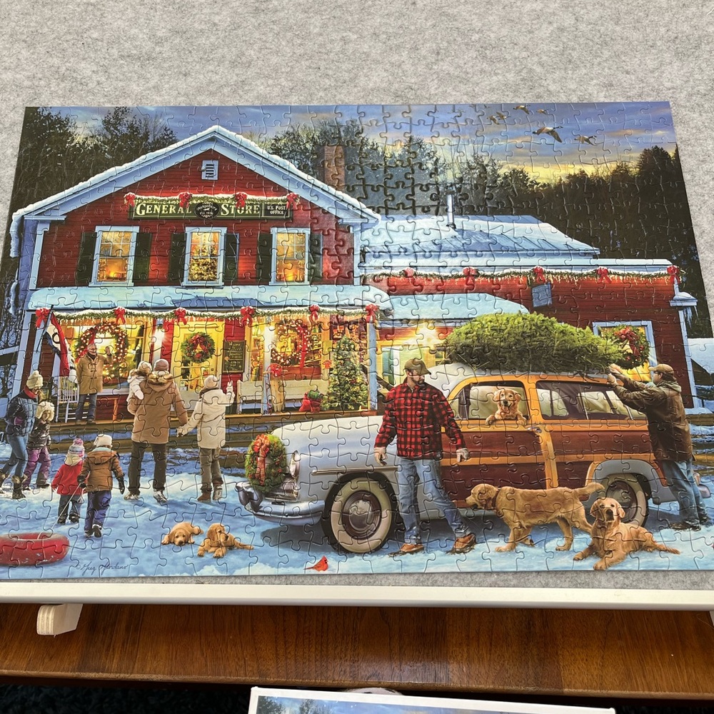 Winter Scene Puzzle with Red and Blue Hues